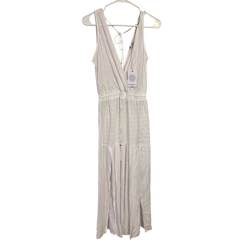 Blue Island Beach Stripe Smocked V-Neck Maxi Dress Bohemian coastal sundress